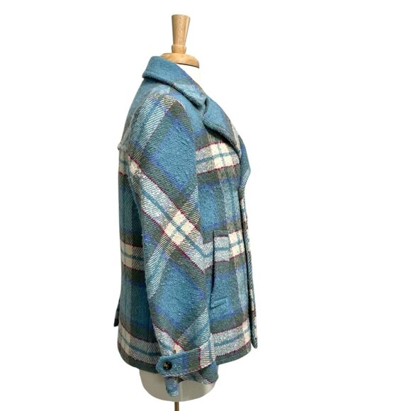 Sundance Wool Blend Plaid Double Breast Coat Twee Boho Blue size XS Petite - Picture 5 of 9